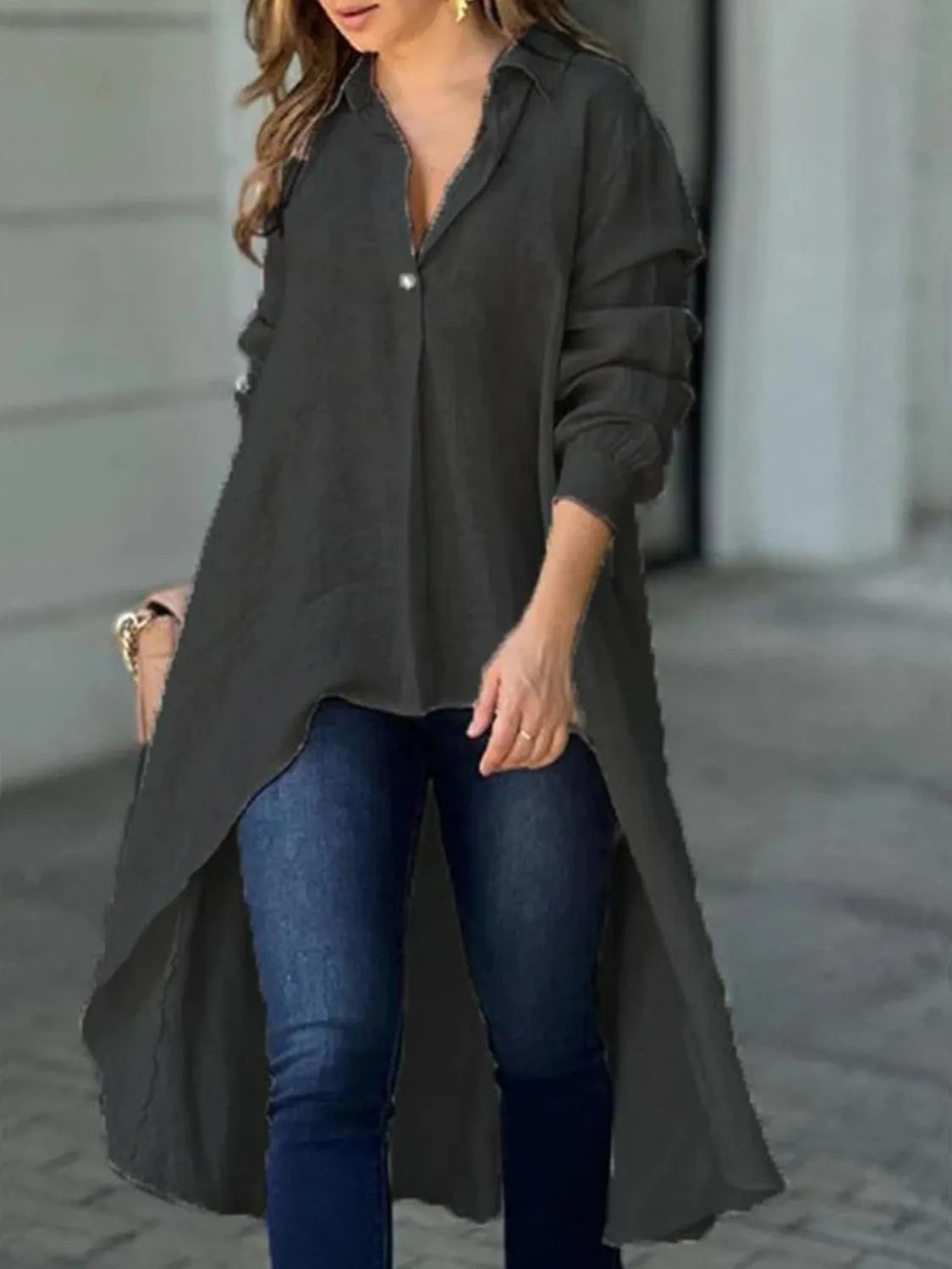 Full Size High-Low Collared Neck Long Sleeve Shirt - 6i6