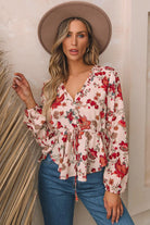 Floral V-Neck Drawstring Peplum Blouse - 6i6