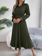 Pleated Half Button Long Sleeve Midi Dress - 6i6