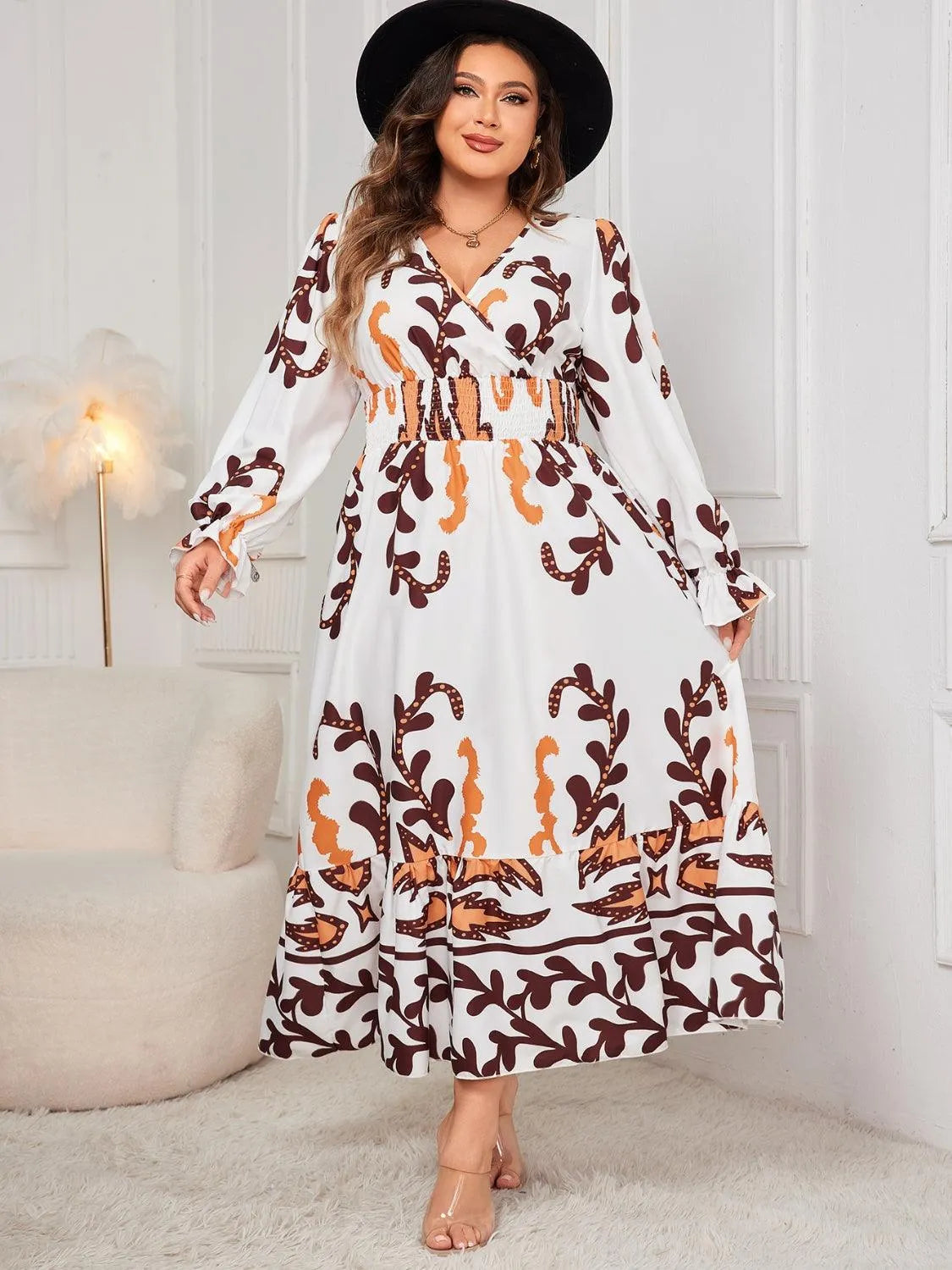 Plus Size Printed Surplice Flounce Sleeve Dress - 6i6