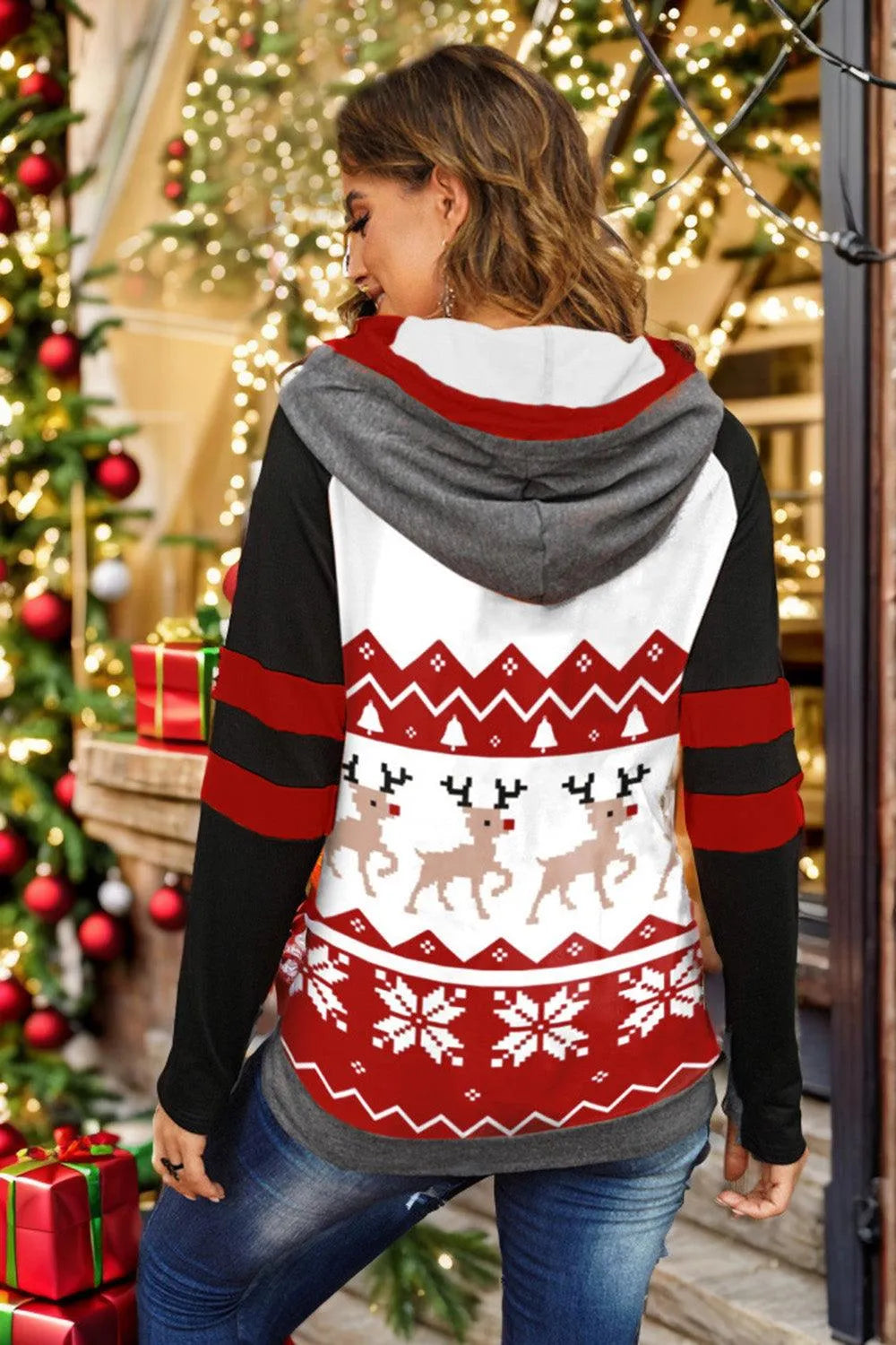 Double Take Full Size Christmas Drawstring Long Sleeve Hoodie - 6i6