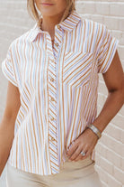 Pocketed Striped Collared Neck Short Sleeve Shirt - 6i6