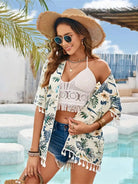 Tassel Printed Open Front Half Sleeve Cover-Up - 6i6