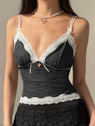 Devine Lace Detail Polka Dot V-Neck Cami for women with delicate lace trim, perfect for stylish summer outfits.