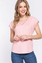 ACTIVE BASIC Lace Trim V-Neck Short Sleeve Ribbed Top - 6i6