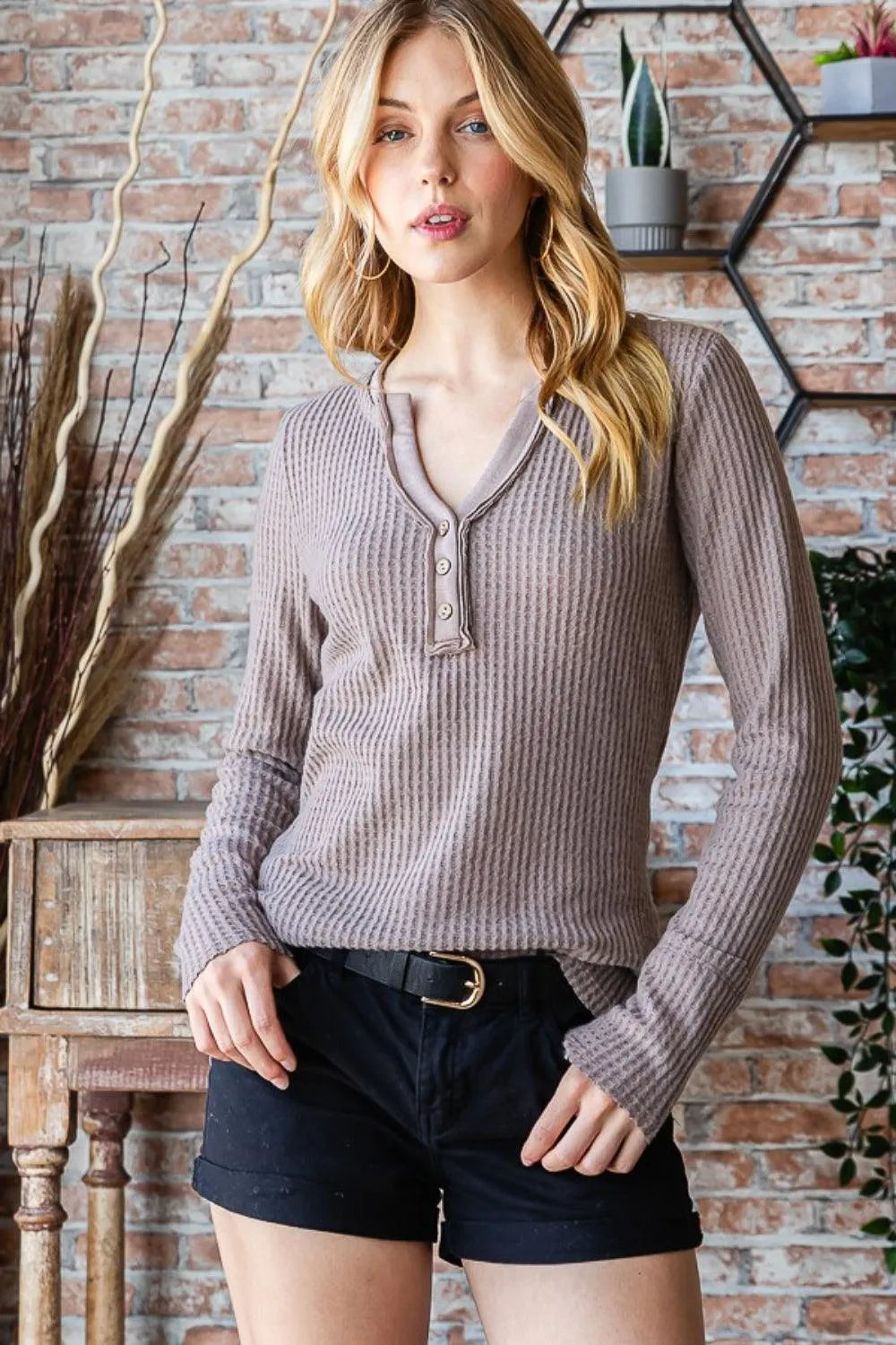 Reborn J Waffle Knit Notched Long Sleeve Top - 6i6