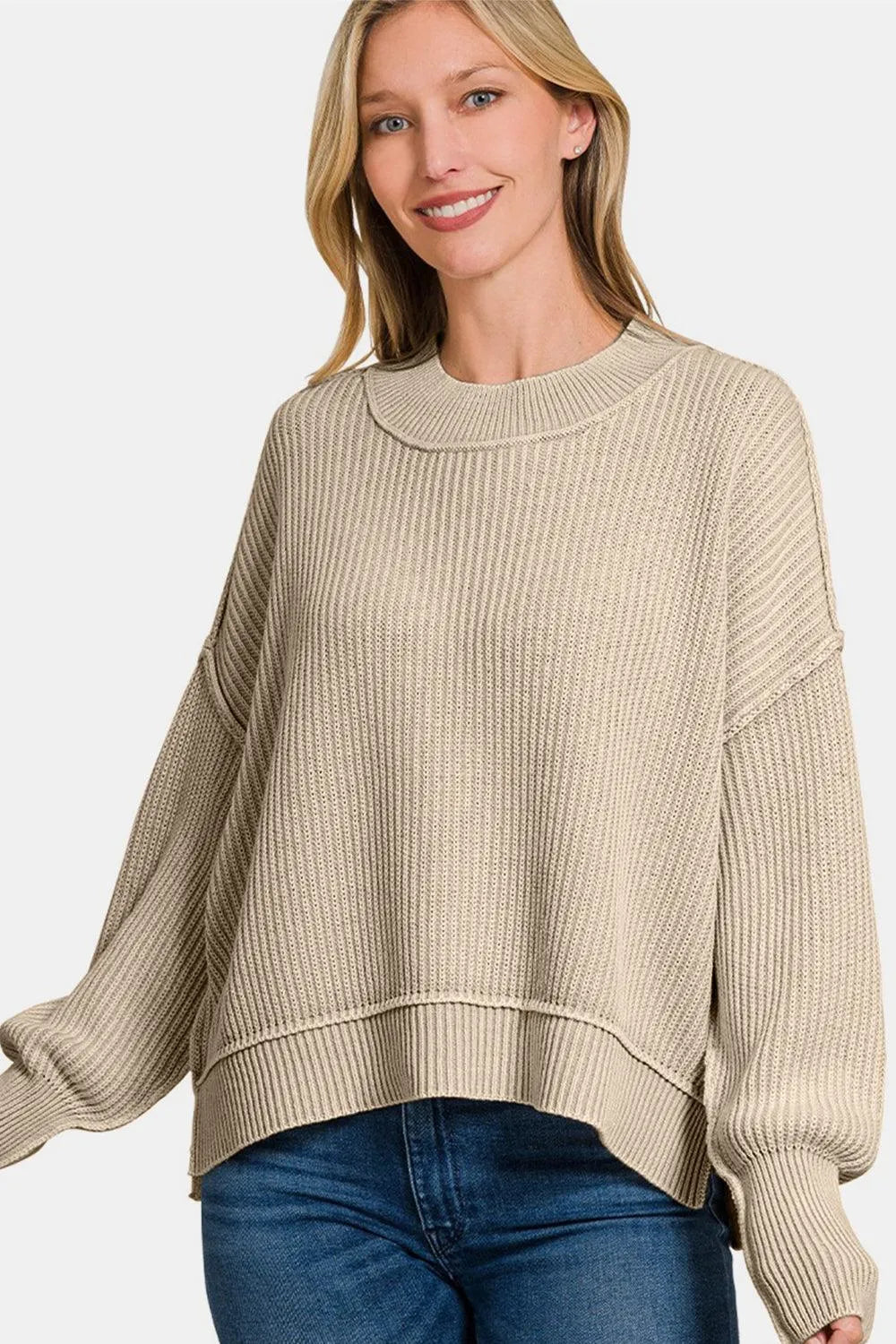 Zenana Exposed Seam Round Neck Dropped Shoulder Sweater - 6i6