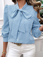 Pocketed Plaid Tie Neck Long Sleeve Shirt - 6i6