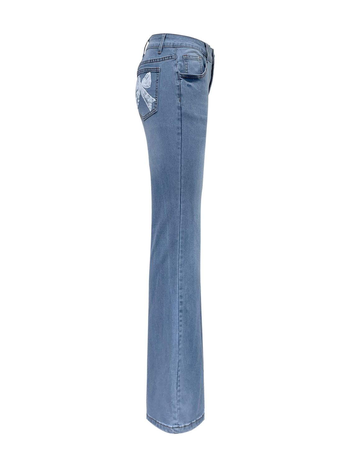 Bow back flare jeans with a feminine, playful design and a flattering fit, available at 6i6.com