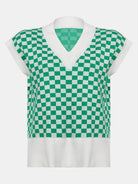 Full Size Checkered V-Neck Cap Sleeve Sweater - 6i6