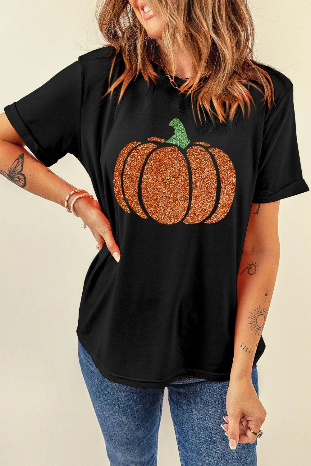 Pumpkin Round Neck Short Sleeve T-Shirt - 6i6