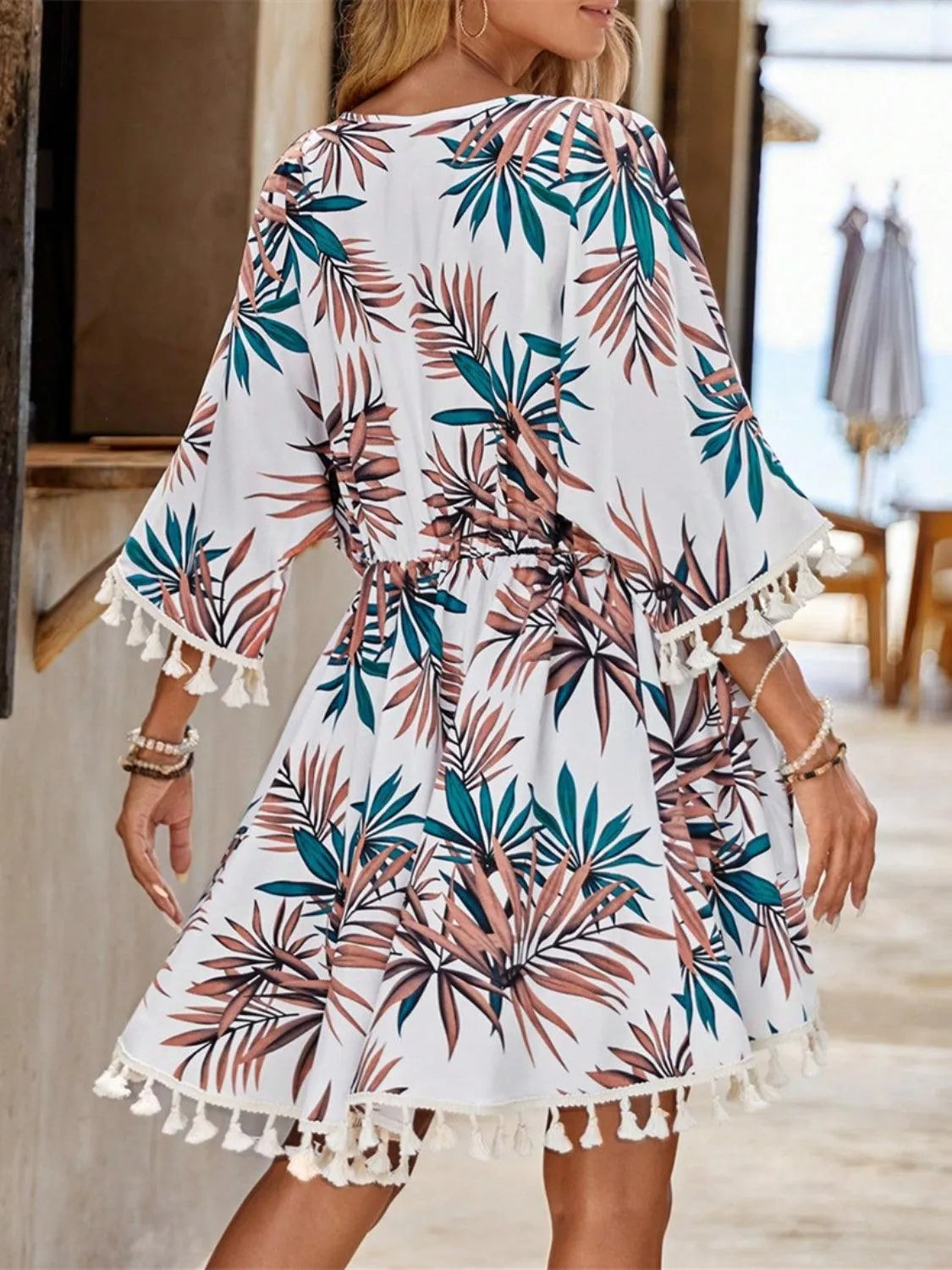 Tassel Tied Printed Half Sleeve Cover Up - 6i6