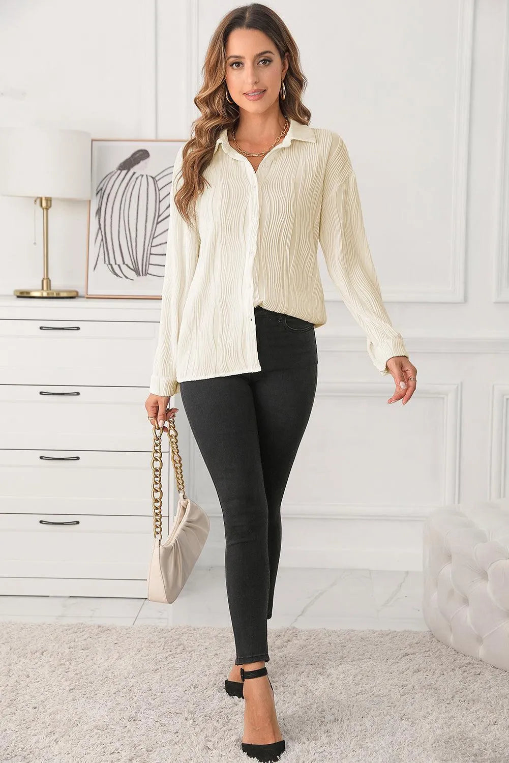 Textured Collared Neck Long Sleeve Shirt - 6i6