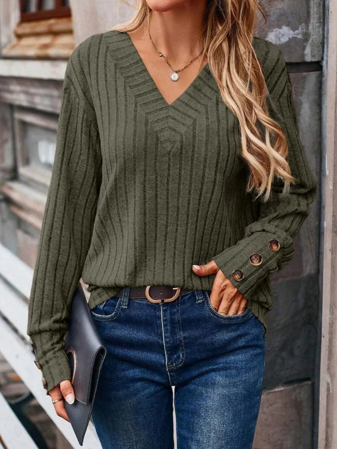 Ribbed V-Neck Long Sleeve T-Shirt - 6i6