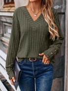 Ribbed V-Neck Long Sleeve T-Shirt - 6i6