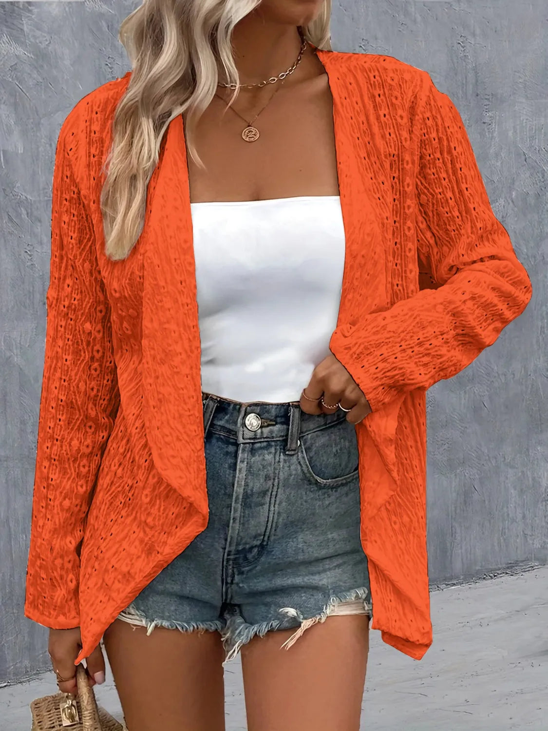 Eyelet Roll-Tab Sleeve Cardigan - 6i6