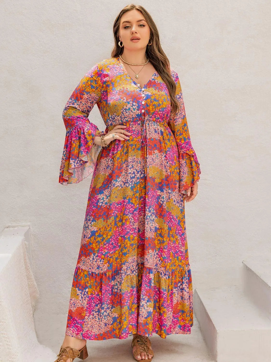 Plus Size Printed V-Neck Long Sleeve Maxi Dress - 6i6