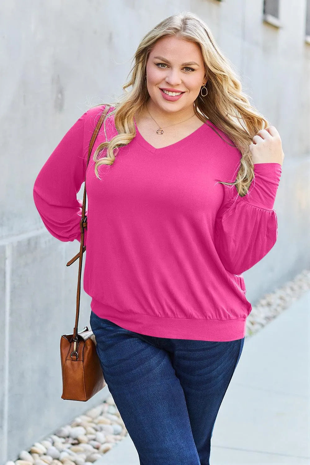 Basic Bae Full Size V-Neck Lantern Sleeve Top - 6i6