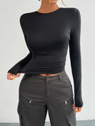 Backless Round Neck Long Sleeve T-Shirt - 6i6