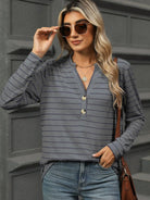 Striped Notched Long Sleeve T-Shirt - 6i6