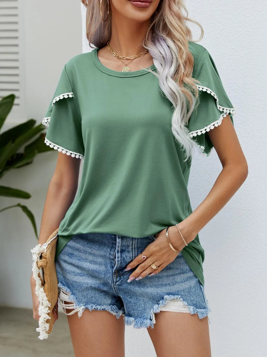 Pom-Pom Trim Flutter Sleeve Round Neck T-Shirt - 6i6