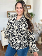 Double Take Full Size Printed Ruffle Trim Balloon Sleeve Shirt - 6i6