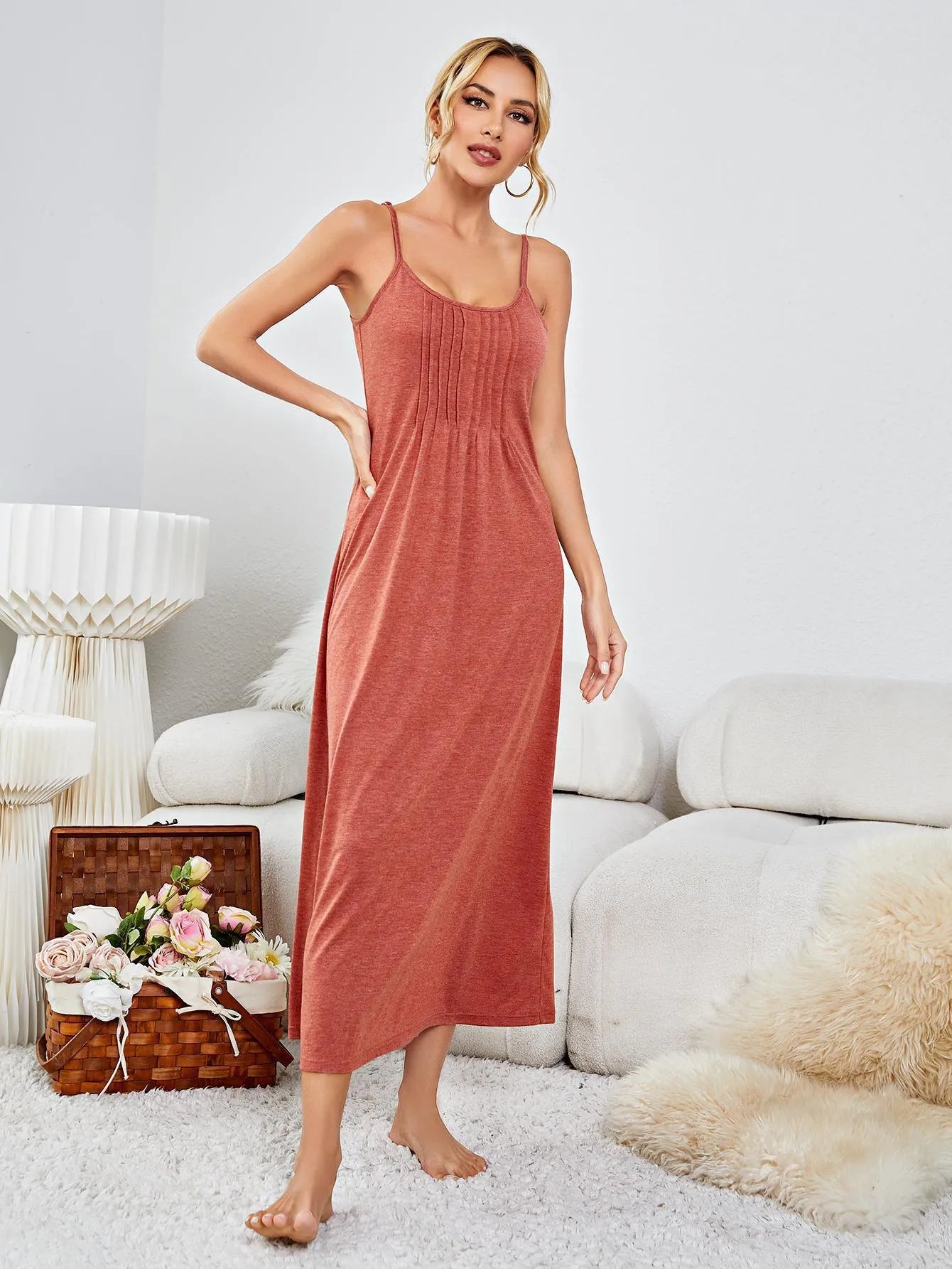 Scoop Neck Spaghetti Strap Night Dress - 6i6