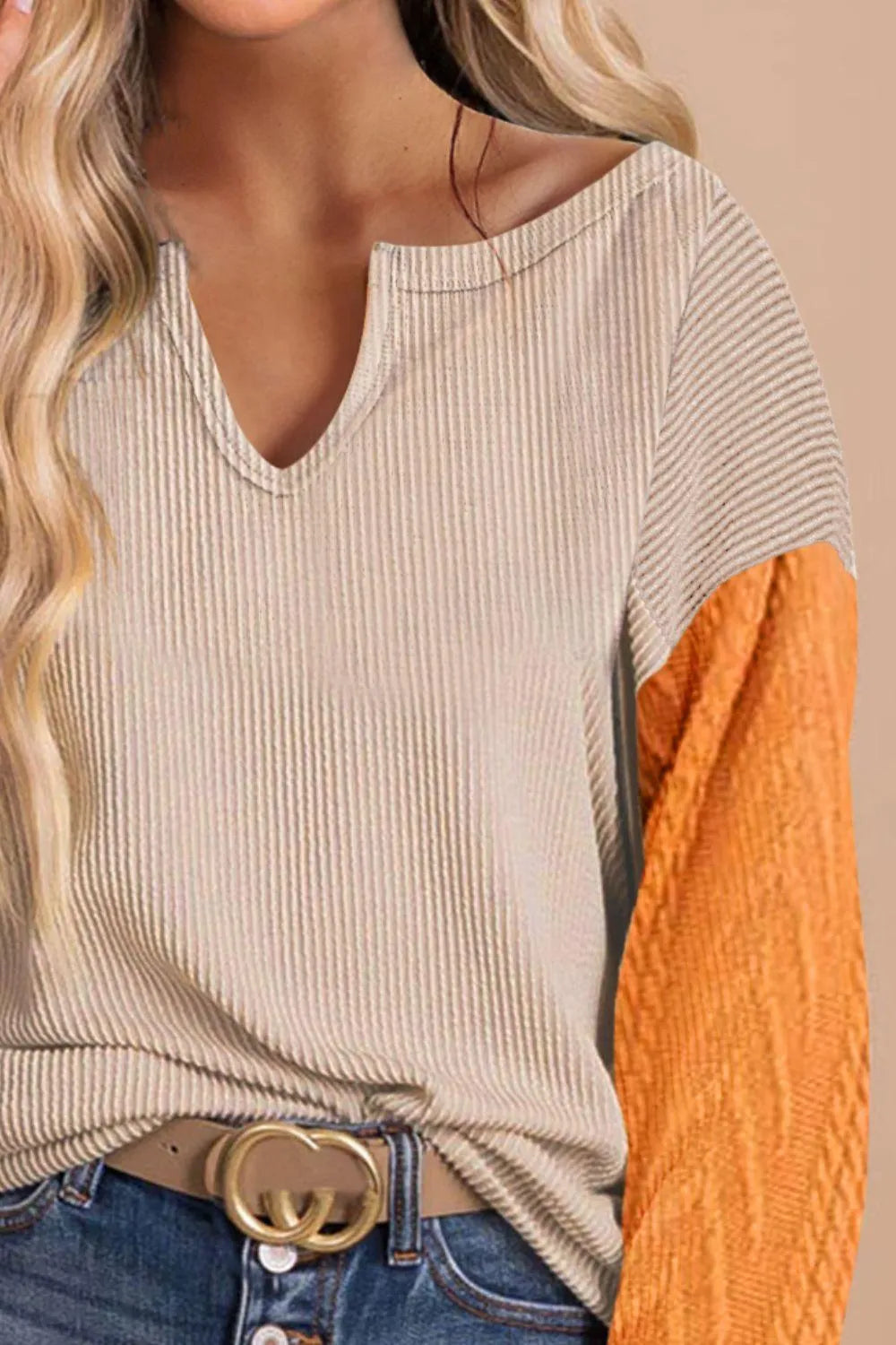 Contrast Notched Long Sleeve Blouse - 6i6