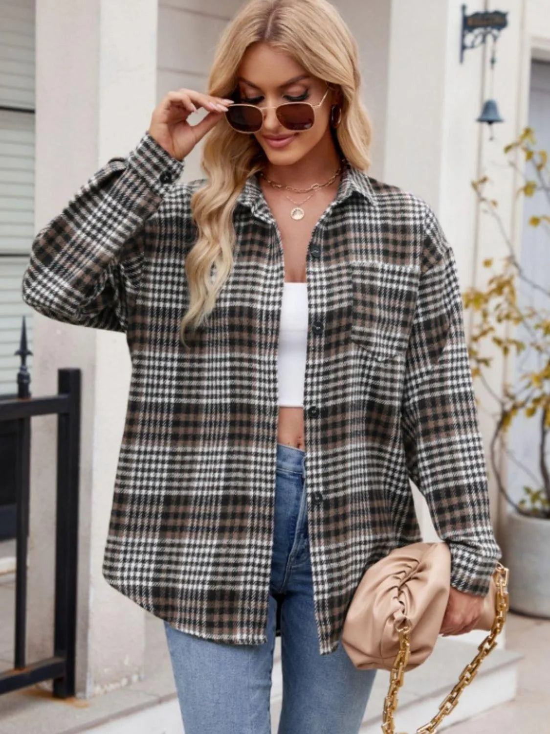 Pocketed Plaid Collared Neck Long Sleeve Shirt - 6i6