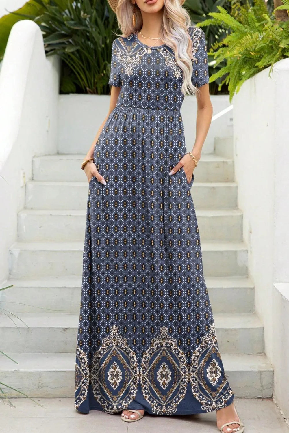 Printed Round Neck Short Sleeve Maxi Dress - 6i6