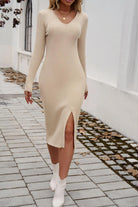 Slit V-Neck Long Sleeve Midi Dress - 6i6