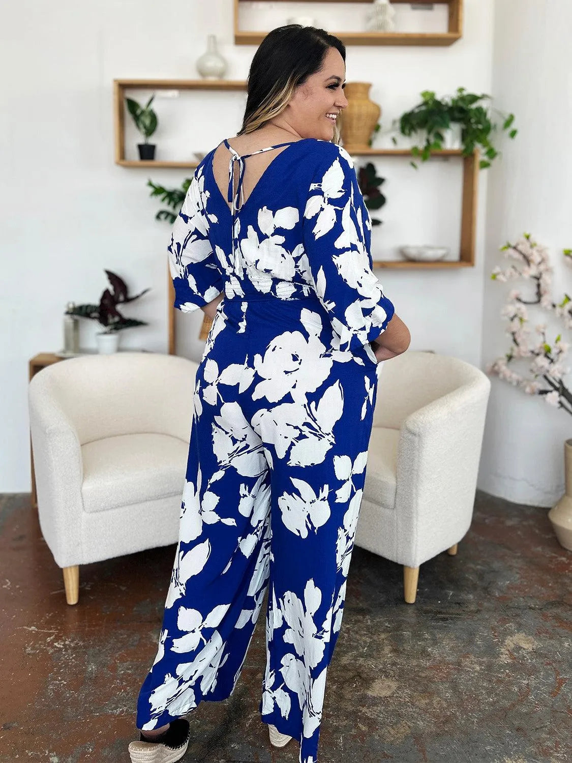 Double Take Full Size Printed Tie Back Wide Leg Jumpsuit - 6i6