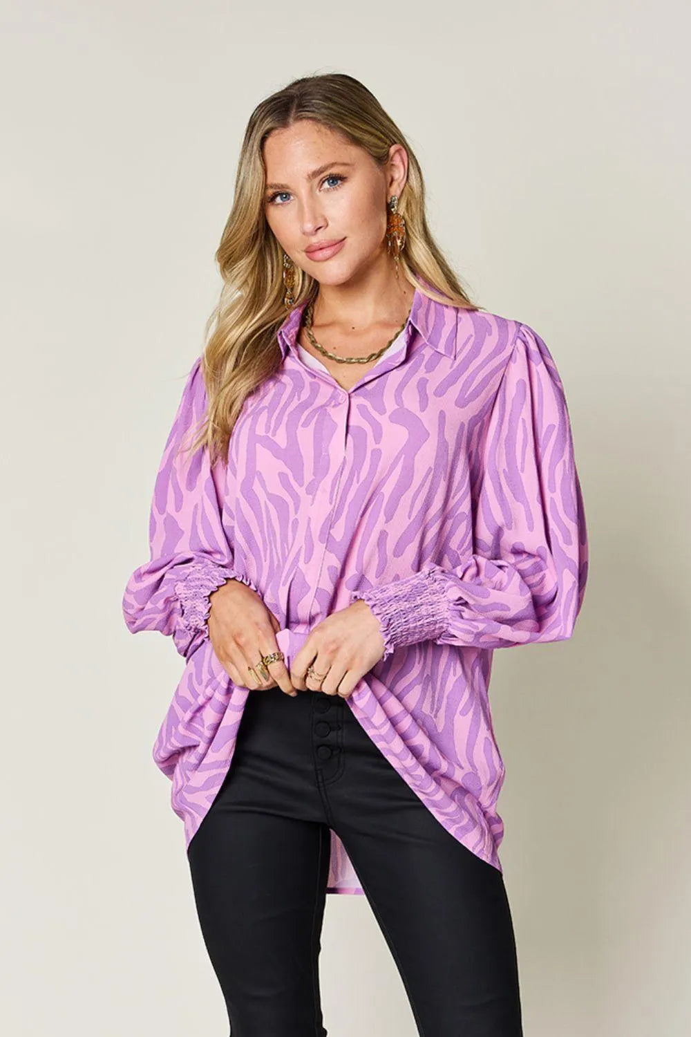 Double Take Full Size Printed Smocked Long Sleeve Blouse - 6i6