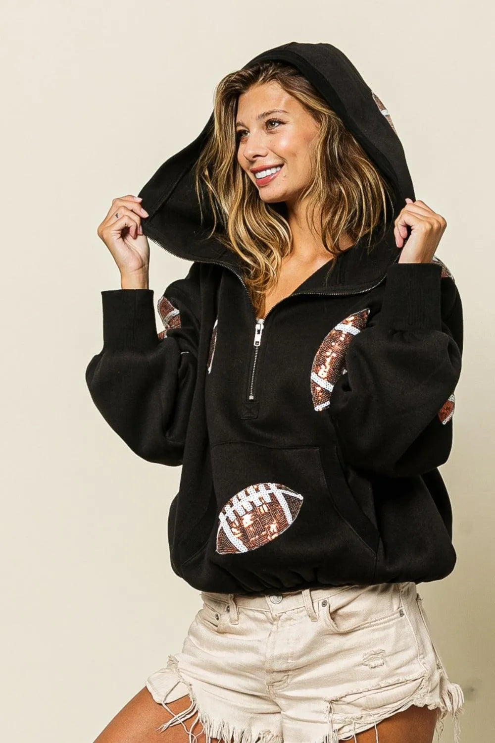 BiBi Sequin Football Half Zip Hoodie - 6i6