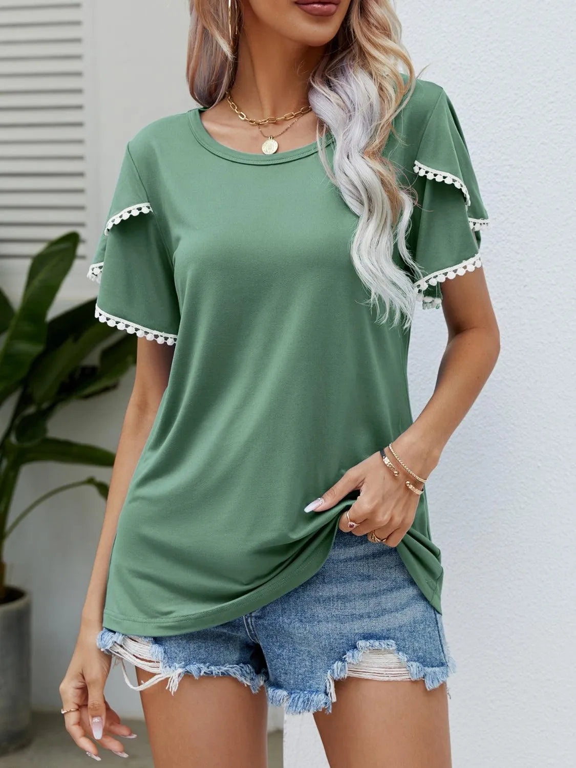 Pom-Pom Trim Flutter Sleeve Round Neck T-Shirt - 6i6