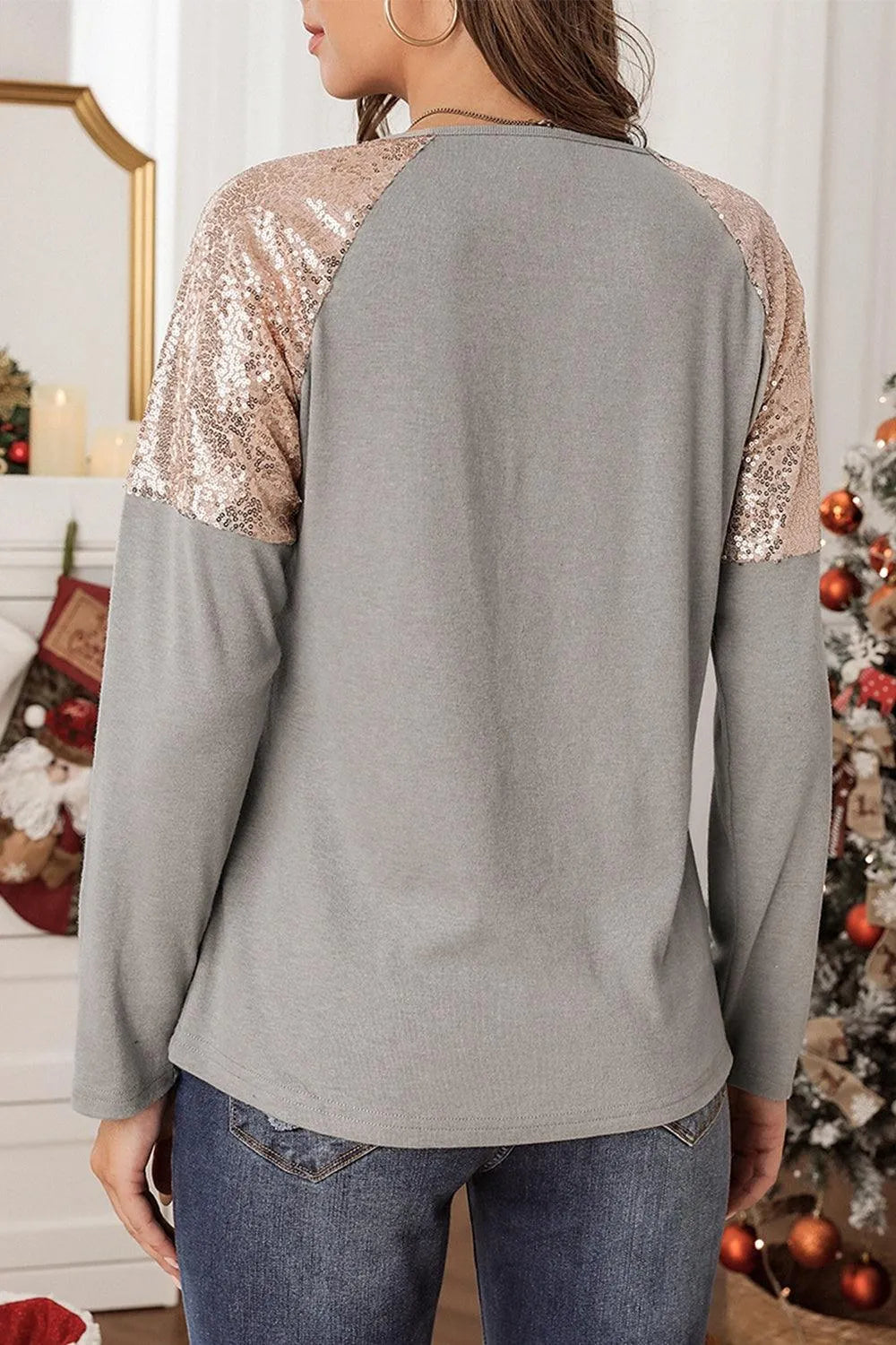 MERRY CHRISTMAS Sequin Round Neck Blouse - 6i6