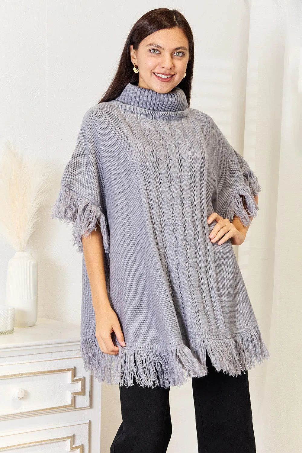 Justin Taylor Turtle Neck Fringe Poncho - 6i6