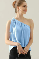 Ninexis One Shoulder Bow Tie Strap Satin Silk Top - 6i6