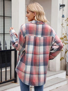 Pocketed Plaid Collared Neck Long Sleeve Shirt - 6i6