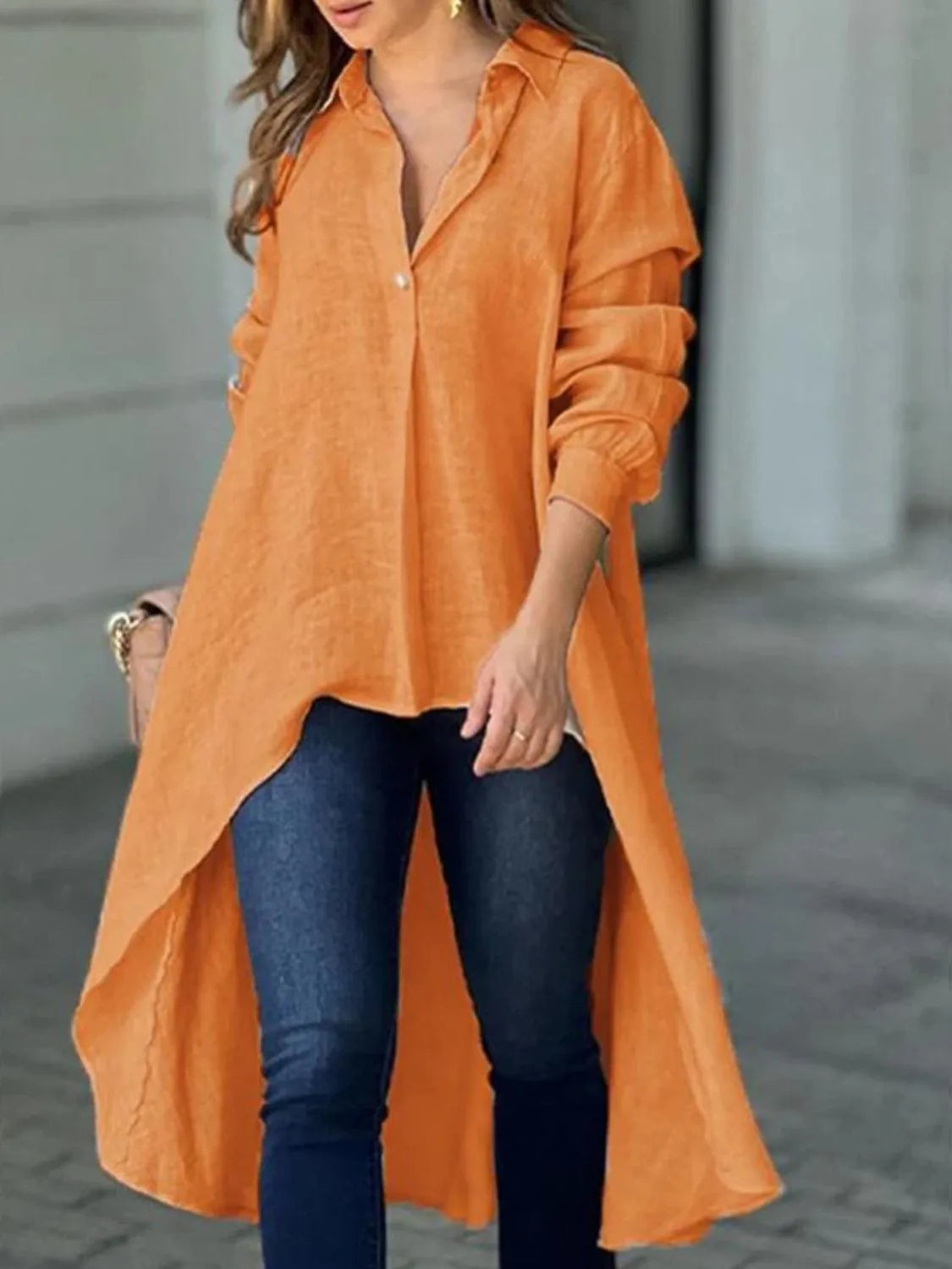 Full Size High-Low Collared Neck Long Sleeve Shirt - 6i6