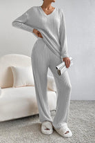 Ribbed V-Neck Top and Pants Lounge Set - 6i6