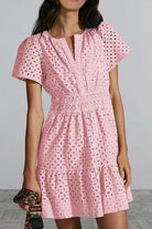 Eyelet Notched Short Sleeve Mini Dress - 6i6