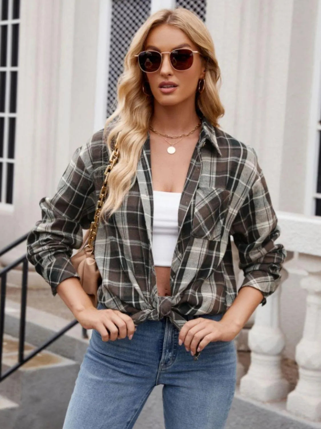 Pocketed Plaid Collared Neck Long Sleeve Shirt - 6i6