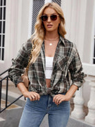 Pocketed Plaid Collared Neck Long Sleeve Shirt - 6i6