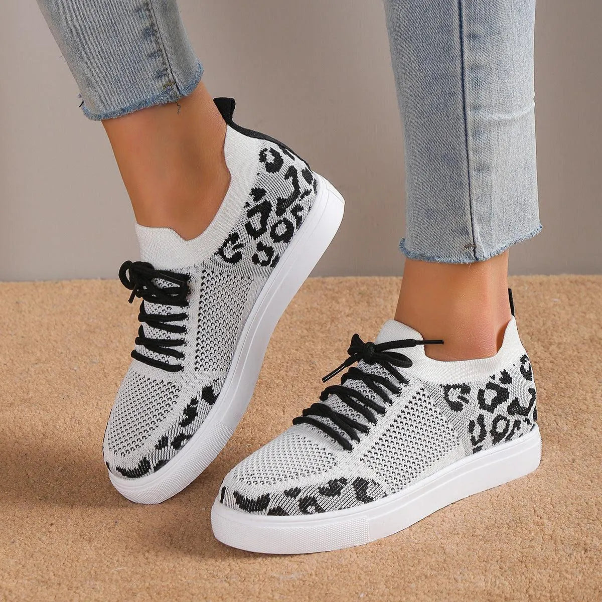 Lace-Up Leopard Flat Sneakers - 6i6