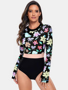 Flower Round Neck Long Sleeve One-Piece Swimwear - 6i6