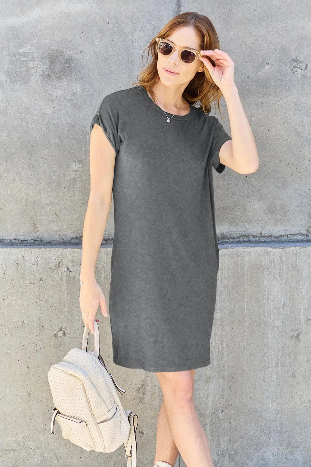 Basic Bae Full Size Round Neck Short Sleeve Dress with Pockets - 6i6