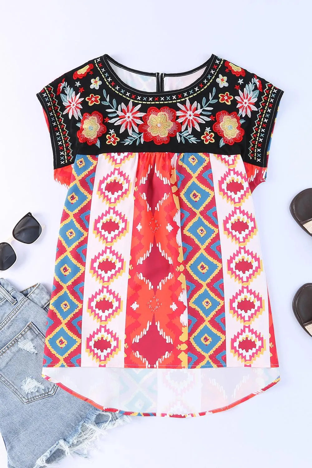 Embroidered Round Neck Short Sleeve Top - 6i6