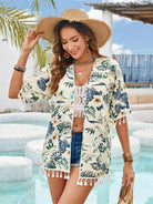 Tassel Printed Open Front Half Sleeve Cover-Up - 6i6