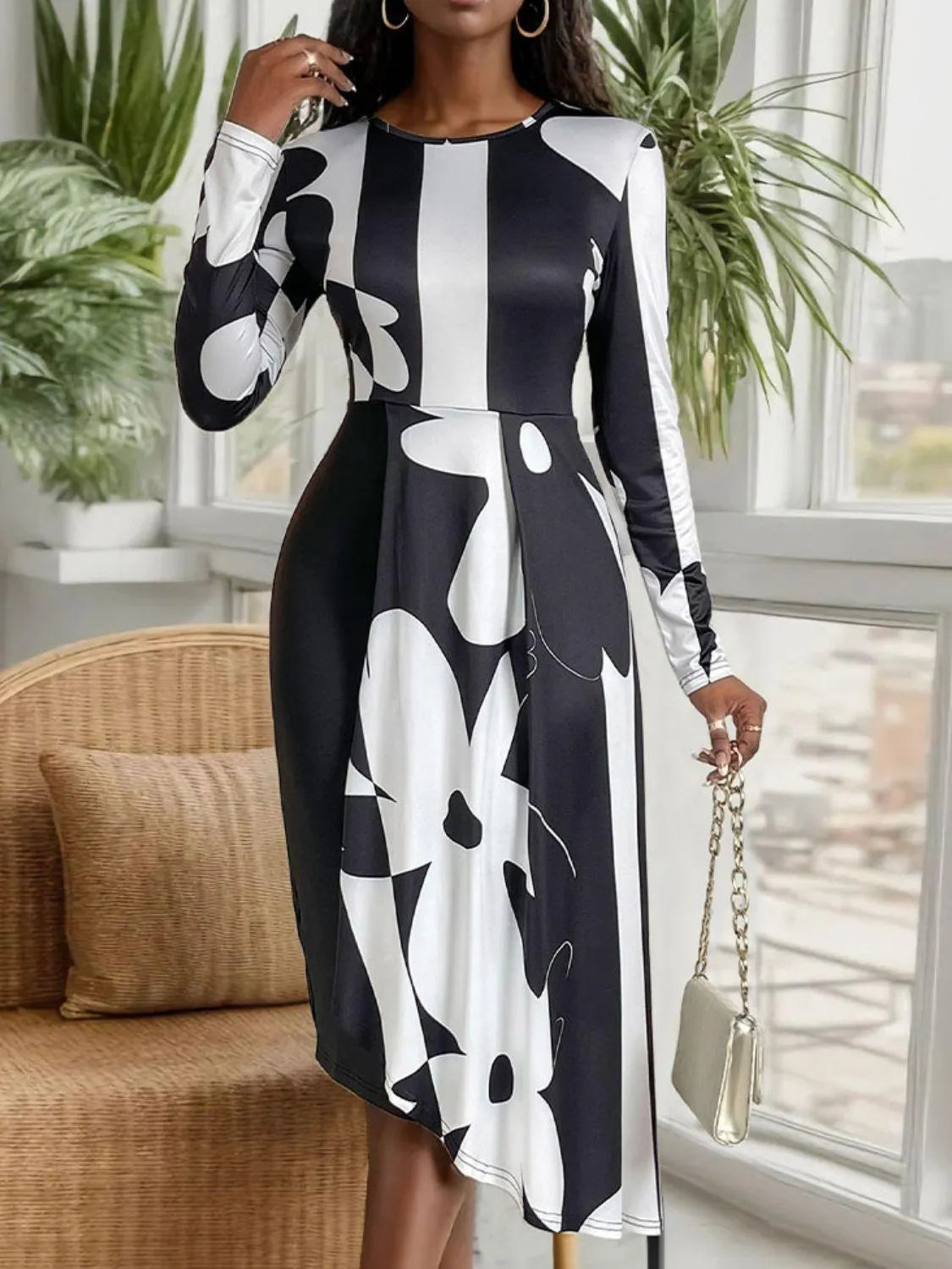 Asymmetrical Slit Round Neck Long Sleeve Midi Dress - 6i6